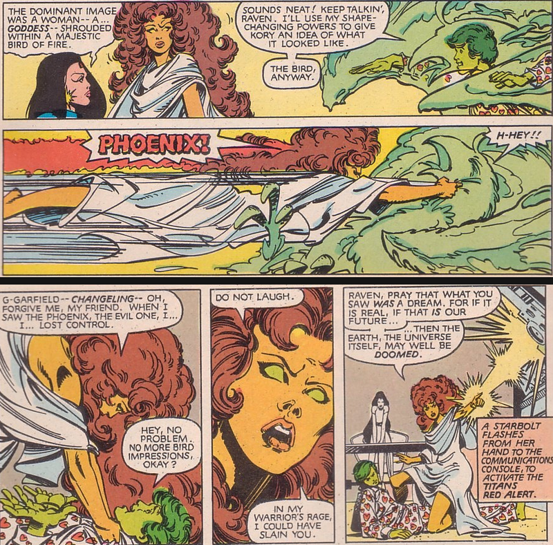 Starfire tells her fellow Titans about the terror of the Phoenix.